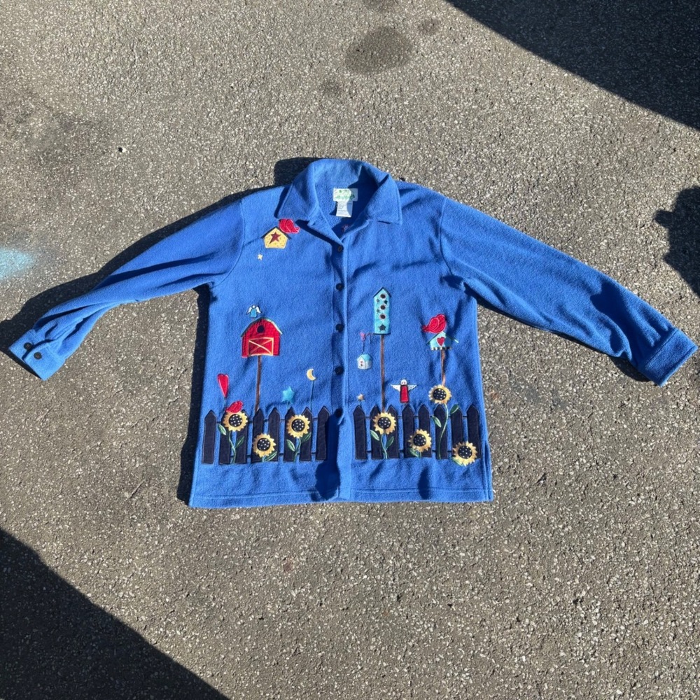 Quacker‎ Factory Birdhouse Cardinal Sunflower Fleece Cardigan Jacket Blue M